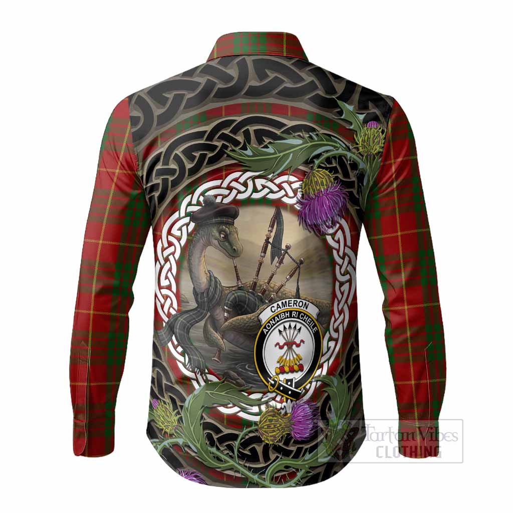 Cameron Tartan Crest Bagpipe Nessie Long Sleeve Button Shirts Scottish Loch Ness Monster Celtic Thistle