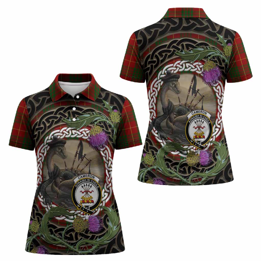 Cameron Tartan Crest Bagpipe Nessie Women Polo Shirt Scottish Loch Ness Monster Celtic Thistle