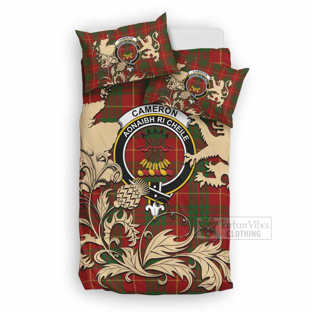 Cameron Tartan Crest Bedding Set with Scottish Iconic Symbols 