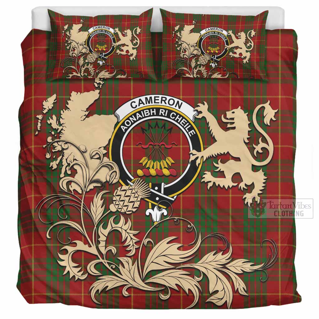 Cameron Tartan Crest Bedding Set with Scottish Iconic Symbols 