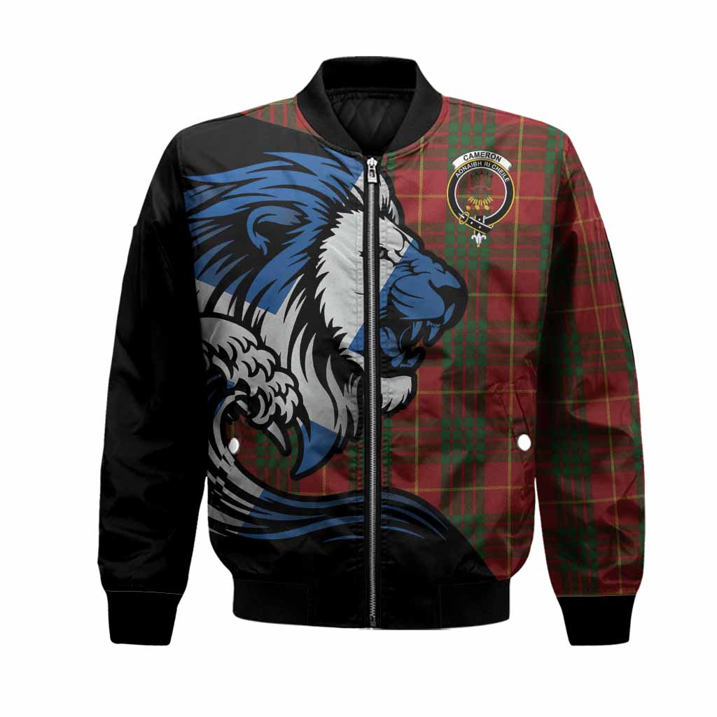 Cameron Tartan Crest Bomber Jacket Scottish Golden Lions Wave Flow
