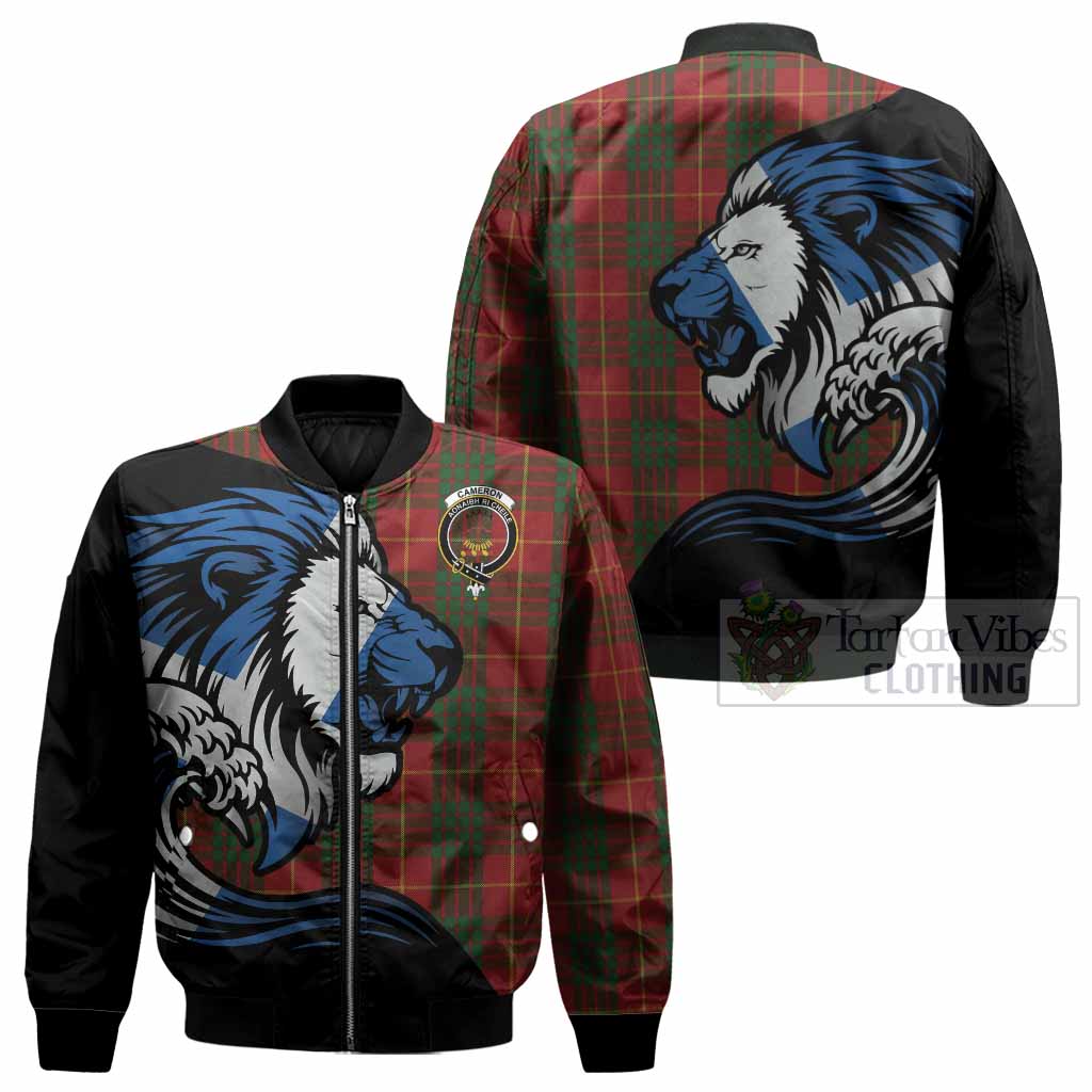 Cameron Tartan Crest Bomber Jacket Scottish Golden Lions Wave Flow