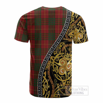 Cameron Tartan Crest Cotton T-shirt Celtic Knot and Triple Trickle Spiral Symbols
