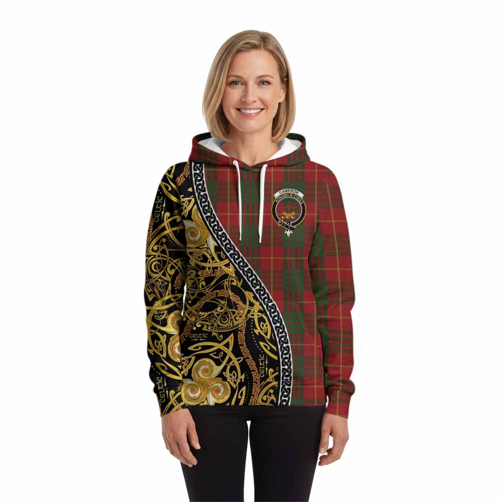 Cameron Tartan Crest Hoodie Celtic Knot and Triple Trickle Spiral Symbols