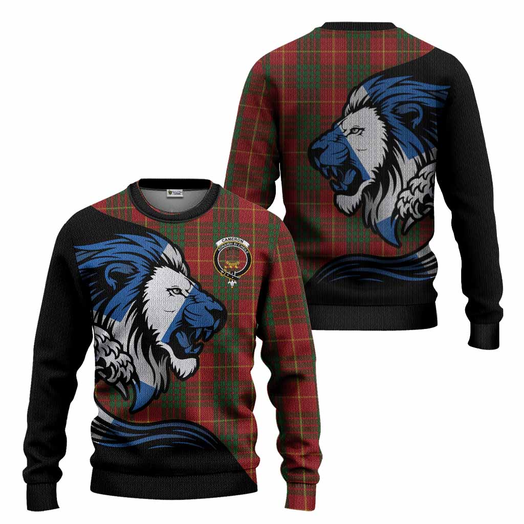 Cameron Tartan Crest Knitted Sweater Scottish Golden Lions Wave Flow