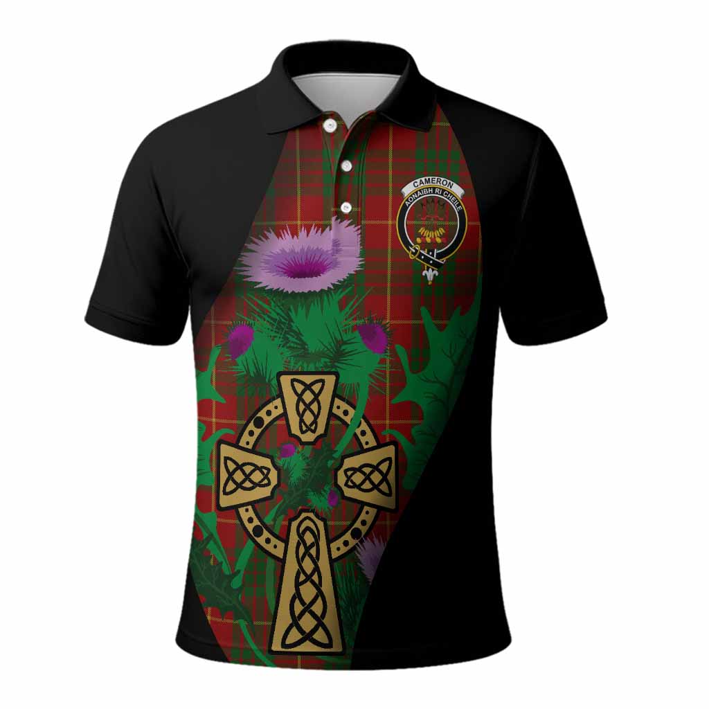 Cameron Tartan Crest Polo Shirt Celtic Cross Thistle Flowers