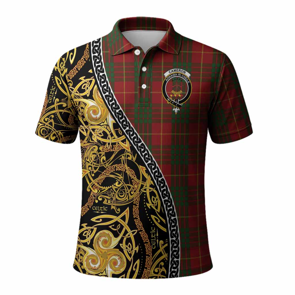 Cameron Tartan Crest Polo Shirt Celtic Knot and Triple Trickle Spiral Symbols