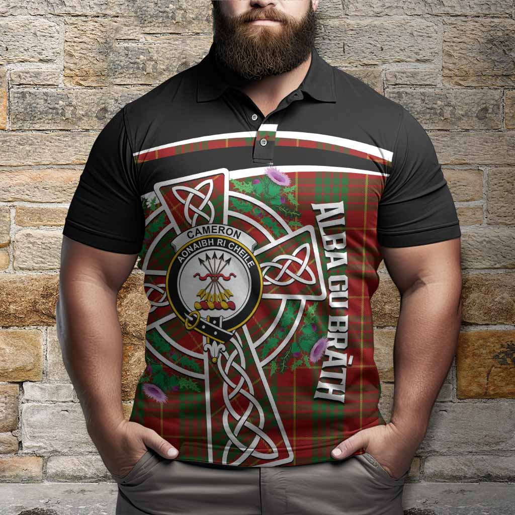 Cameron Tartan Crest Polo Shirt Scottish Thistle Celtic Cross Alba Gu Brath