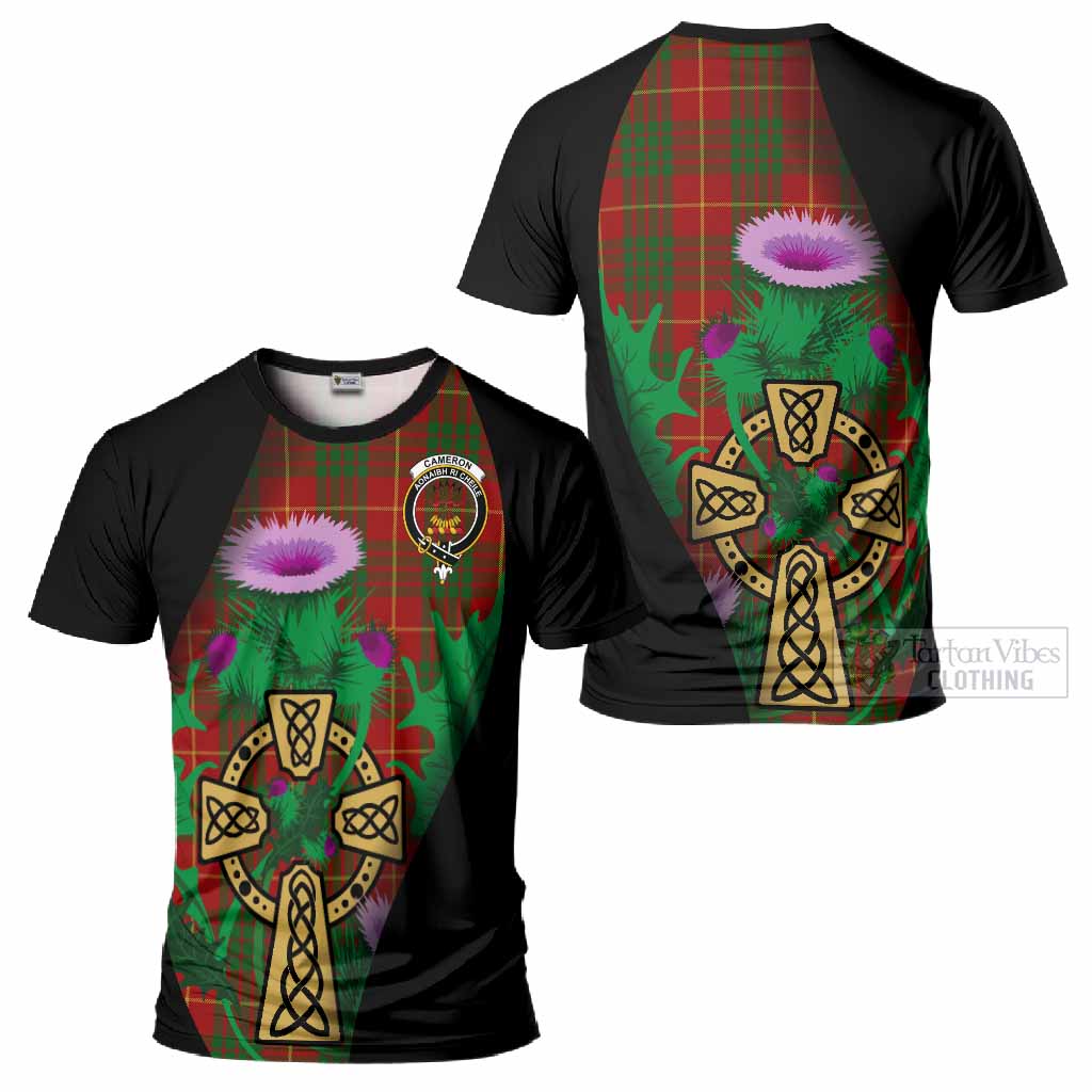 Cameron Tartan Crest T-Shirt Celtic Cross Thistle Flowers