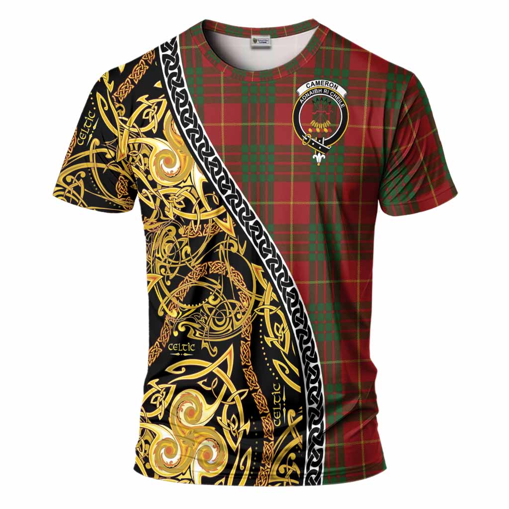 Cameron Tartan Crest T-Shirt Celtic Knot and Triple Trickle Spiral Symbols