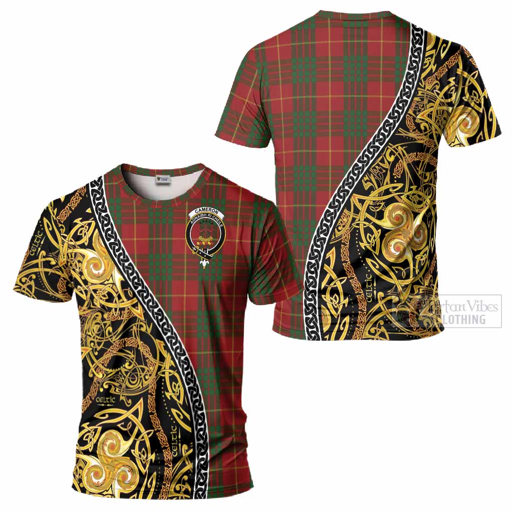 Cameron Tartan Crest T-Shirt Celtic Knot and Triple Trickle Spiral Symbols