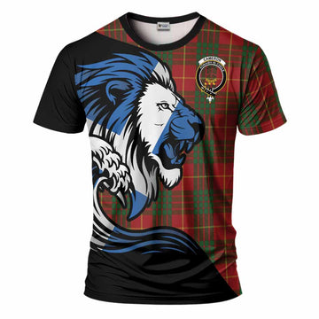 Cameron Tartan Crest T-Shirt Scottish Golden Lions Wave Flow