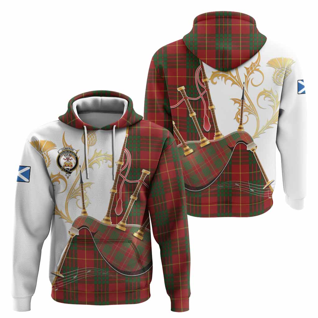 Cameron Tartan Family Crest Hoodie Bagpipes with Scottish Thistle