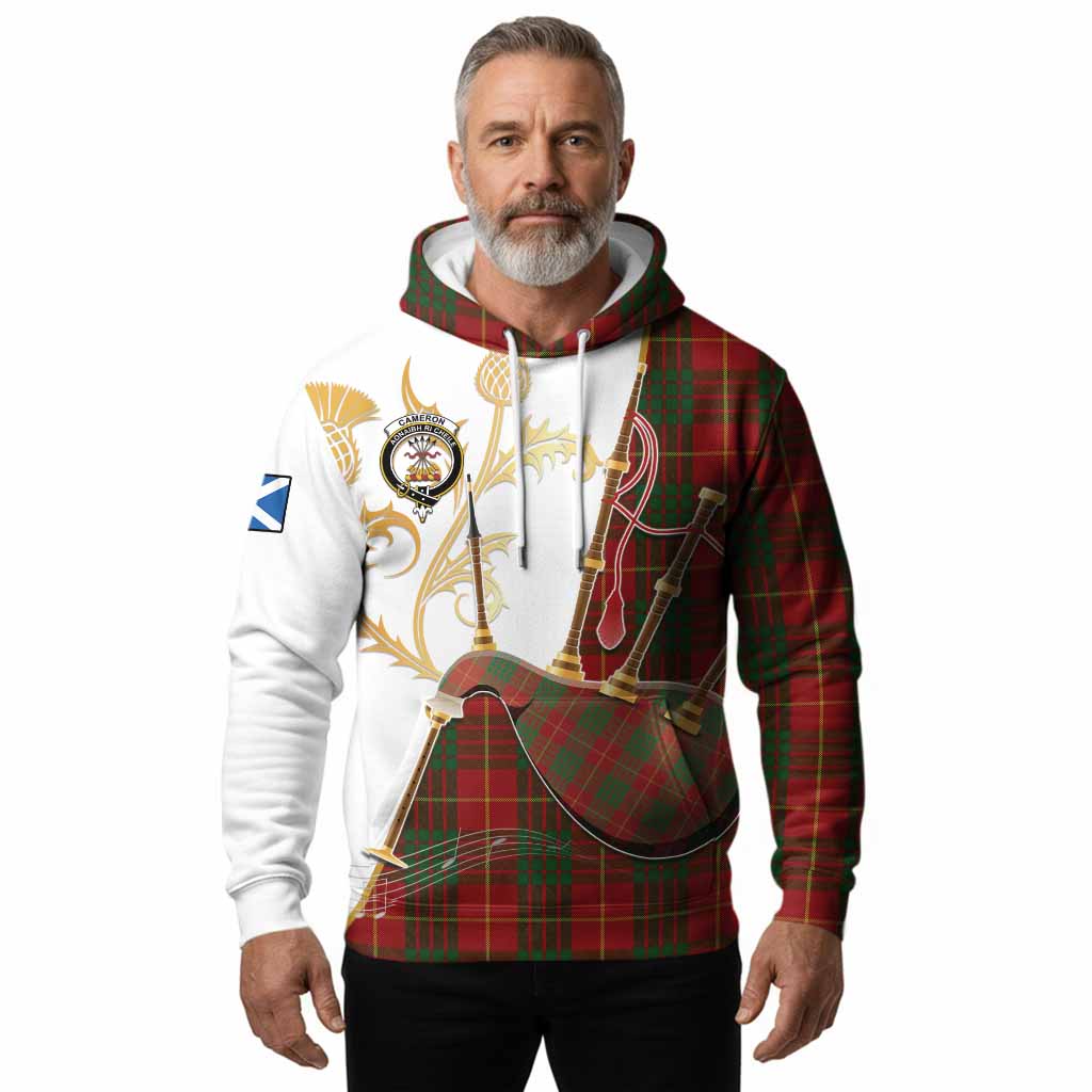 Cameron Tartan Family Crest Hoodie Bagpipes with Scottish Thistle