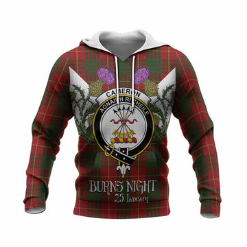 Cameron Tartan Family Crest Knitted Hoodie Scottish Burns Night Thistle Floral