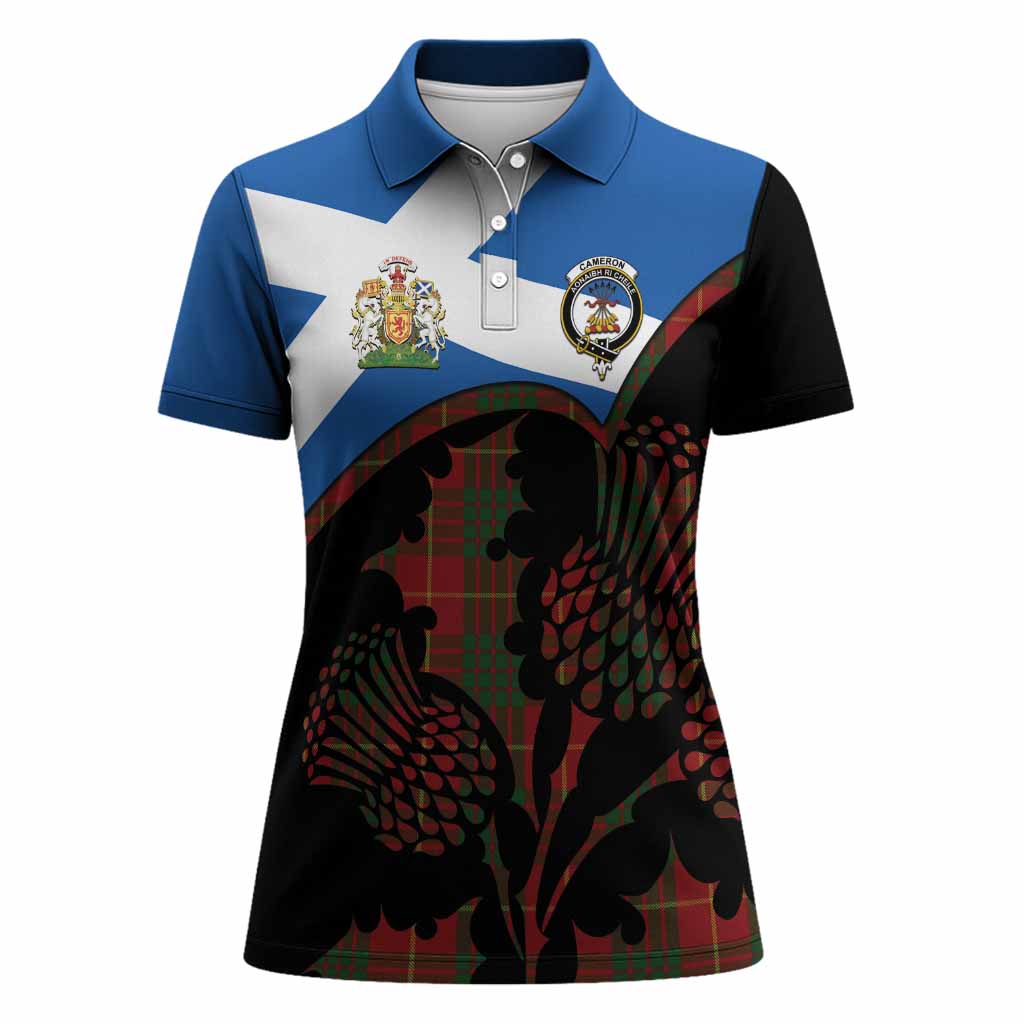 Cameron Tartan Family Crest Women Polo Shirt Scotland Thistle Floral Flag Style