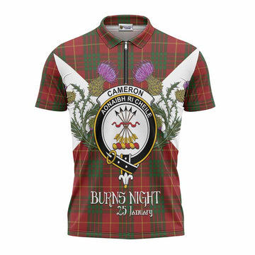 Cameron Tartan Family Crest Zipper Polo Shirt Scottish Burns Night Thistle Floral