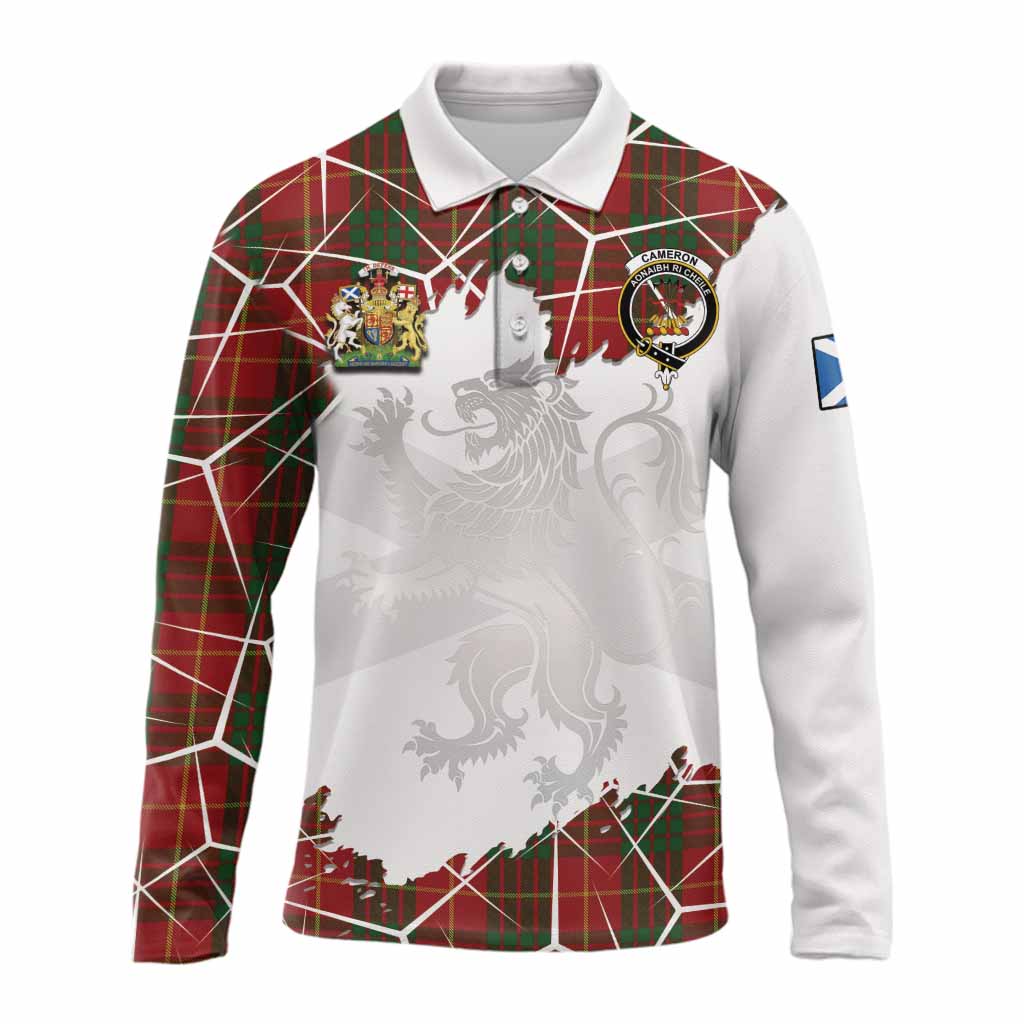 Cameron Tartan Long Sleeve Polo Shirt with Family Crest and Lion Rampant Grunge Style