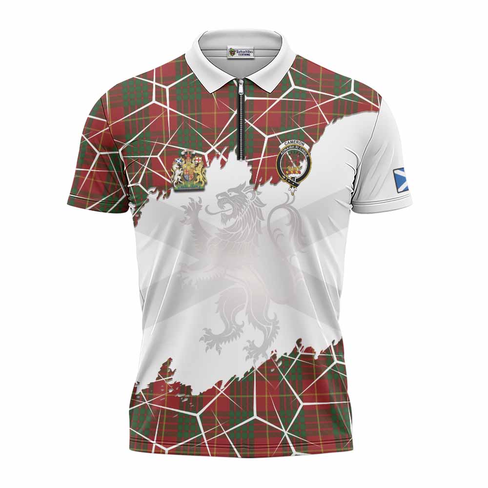 Cameron Tartan Zipper Polo Shirt with Family Crest and Lion Rampant Grunge Style