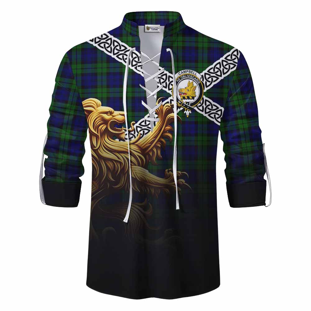 Tartan Vibes Clothing Campbell Crest Tartan Ghillie Kilt Shirt with Golden Lion Emblem Celtic Style