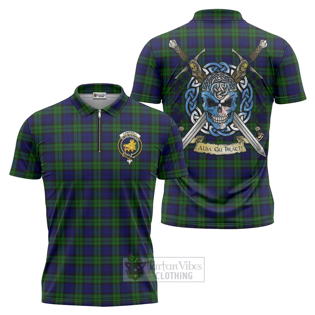 Tartan Vibes Clothing Campbell Tartan Zipper Polo Shirt with Family Crest Celtic Skull Style