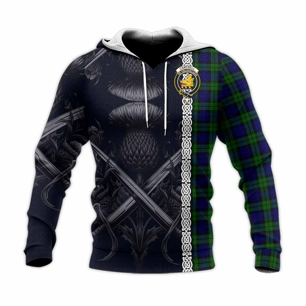 Tartan Vibes Clothing Campbell Tartan Knitted Hoodie with Family Crest Cross Sword Thistle Celtic Vibes