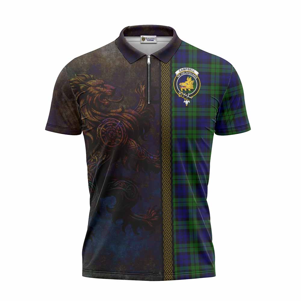 Tartan Vibes Clothing Campbell Tartan Family Crest Zipper Polo Shirt Alba Gu Brath Be Brave Lion Ancient Style
