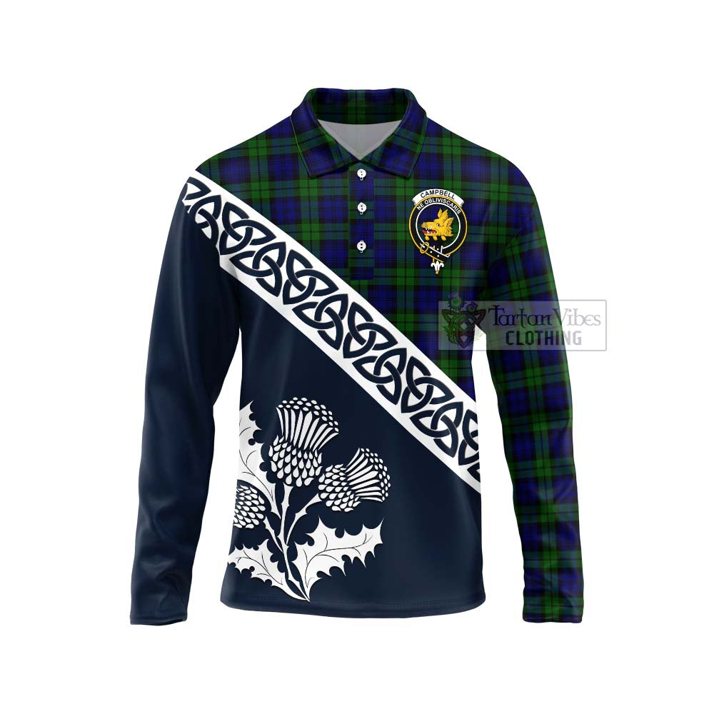 Tartan Vibes Clothing Campbell Tartan Long Sleeve Polo Shirt Featuring Thistle and Scotland Map