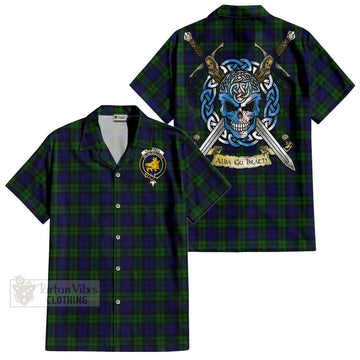 Tartan Vibes Clothing Campbell Tartan Short Sleeve Button Shirt with Family Crest Celtic Skull Style