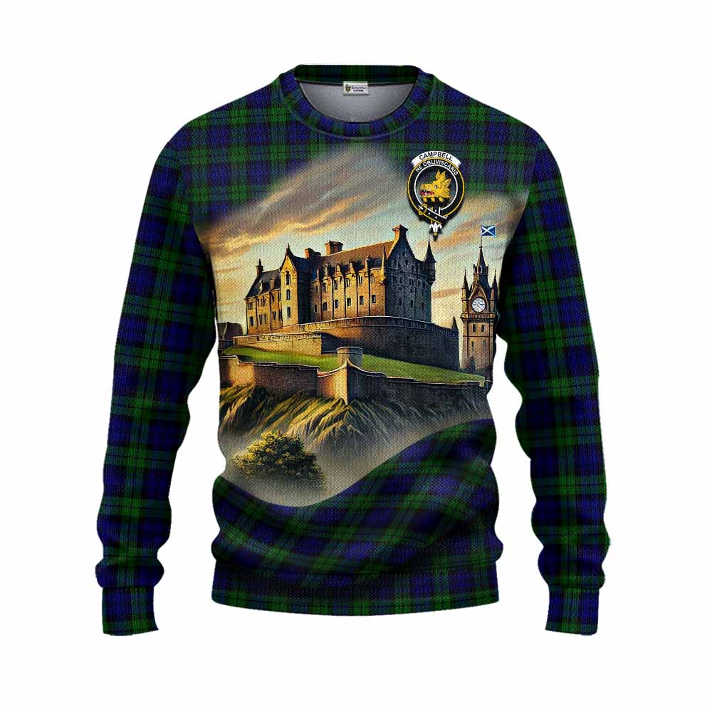 Tartan Vibes Clothing Campbell Tartan Family Crest Knitted Sweater with Scottish Ancient Castle Style