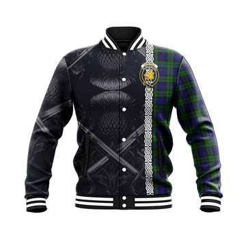 Campbell Tartan Baseball Jacket with Family Crest Cross Sword Thistle Celtic Vibes