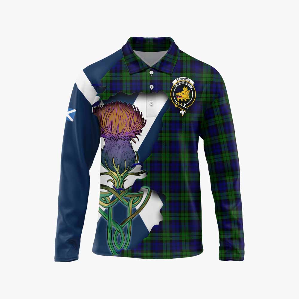 Tartan Vibes Clothing Campbell Tartan Family Crest Long Sleeve Polo Shirt Scottish Thistle Celtic Inspired