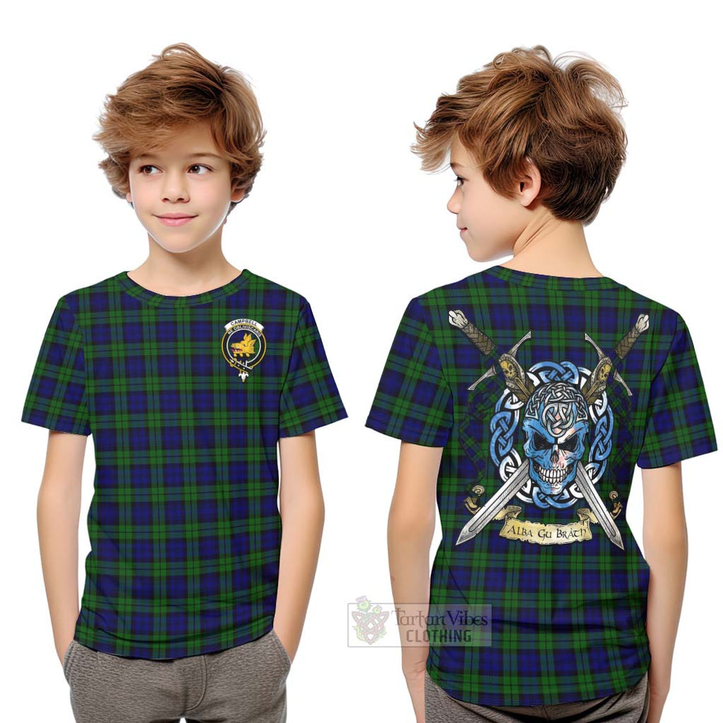 Tartan Vibes Clothing Campbell Tartan Kid T-Shirt with Family Crest Celtic Skull Style