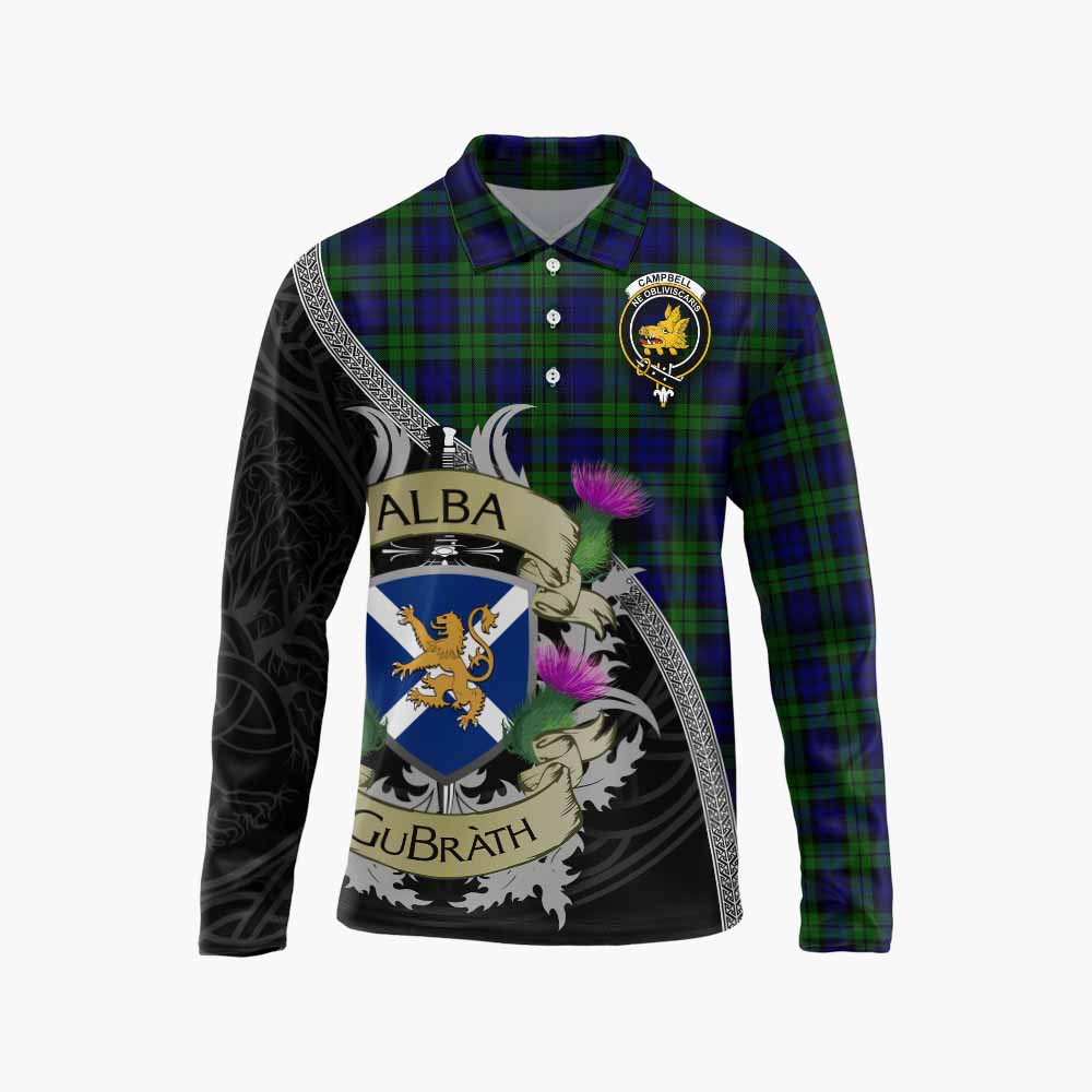 Tartan Vibes Clothing Campbell Tartan Family Crest Long Sleeve Polo Shirt Lion Rampant Royal Thistle Shield Celtic Inspired