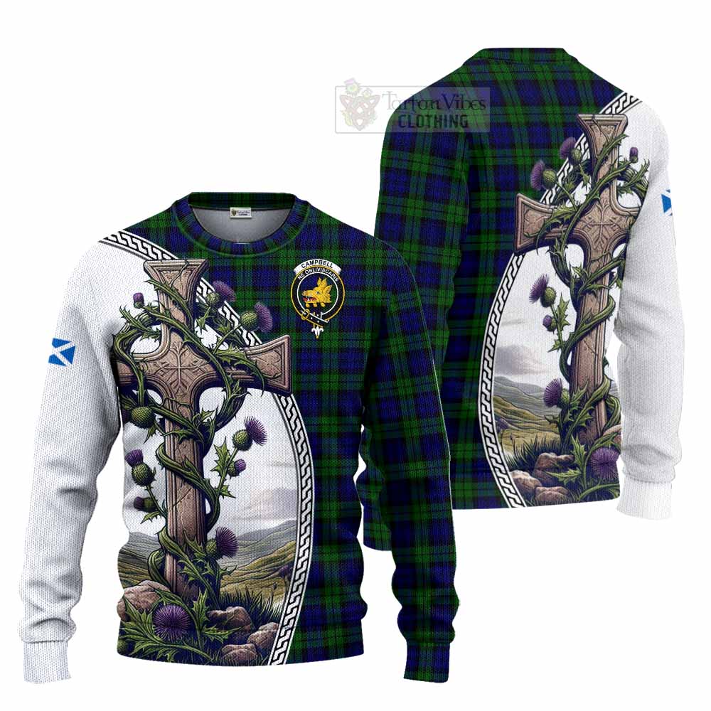 Tartan Vibes Clothing Campbell Tartan Knitted Sweater with Family Crest and St. Andrew's Cross Accented by Thistle Vines