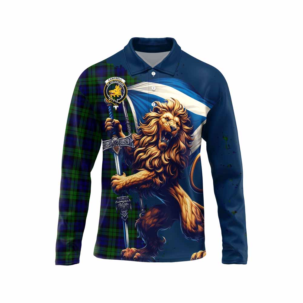Tartan Vibes Clothing Campbell Tartan Family Crest Long Sleeve Polo Shirt with Scottish Majestic Lion