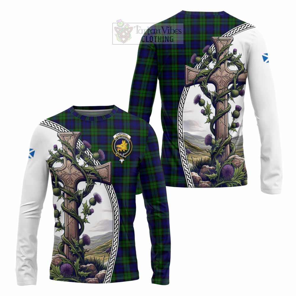 Tartan Vibes Clothing Campbell Tartan Long Sleeve T-Shirt with Family Crest and St. Andrew's Cross Accented by Thistle Vines