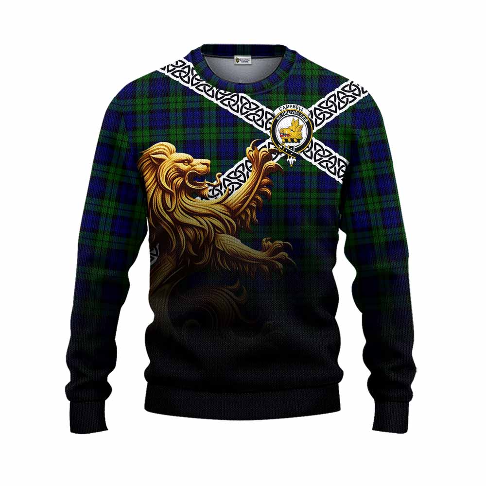 Tartan Vibes Clothing Campbell Crest Tartan Knitted Sweater with Golden Lion Emblem Celtic Style