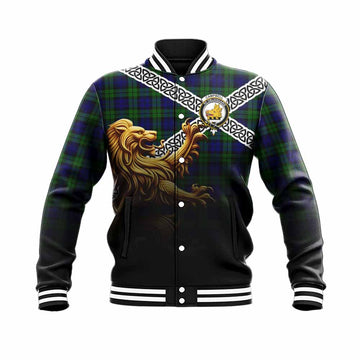 Campbell Crest Tartan Baseball Jacket with Golden Lion Emblem Celtic Style