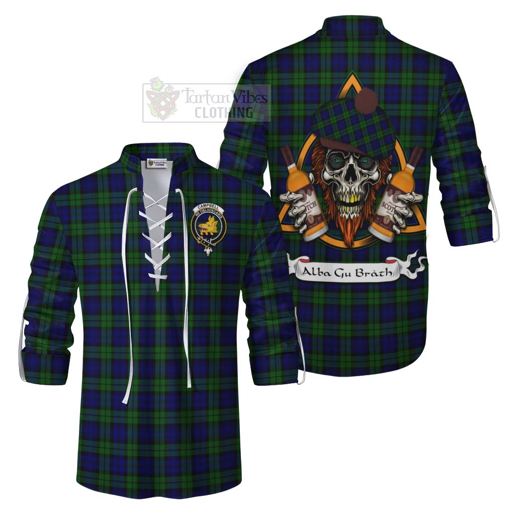 Tartan Vibes Clothing Campbell Tartan Ghillie Kilt Shirt with Family Crest and Bearded Skull Holding Bottles of Whiskey