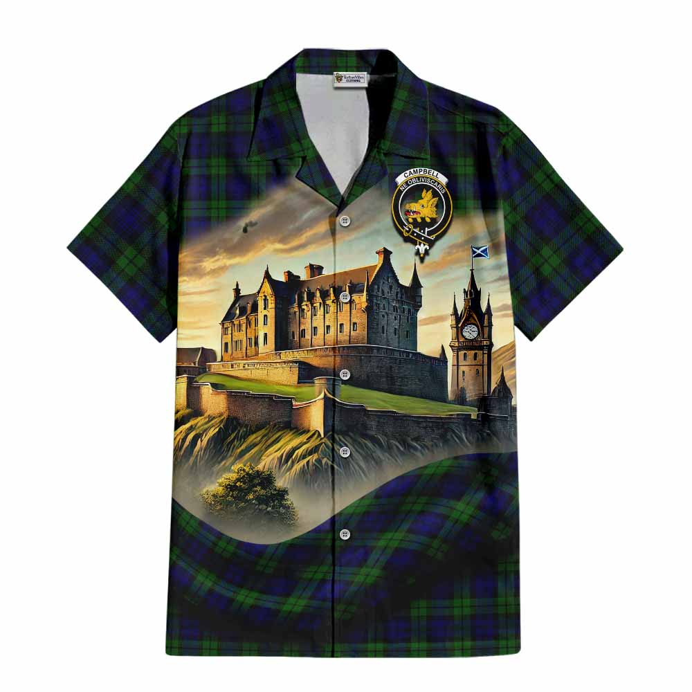 Tartan Vibes Clothing Campbell Tartan Family Crest Short Sleeve Button Shirt with Scottish Ancient Castle Style