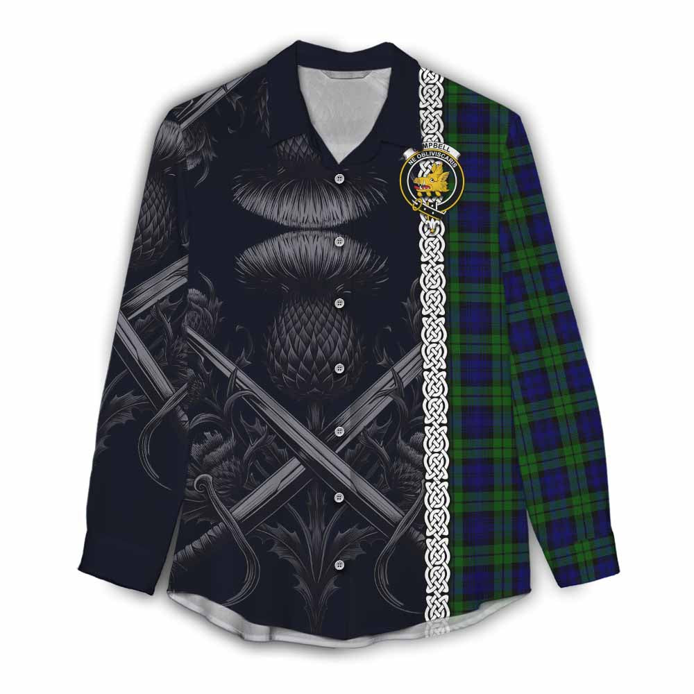Tartan Vibes Clothing Campbell Tartan Women's Casual Shirt with Family Crest Cross Sword Thistle Celtic Vibes