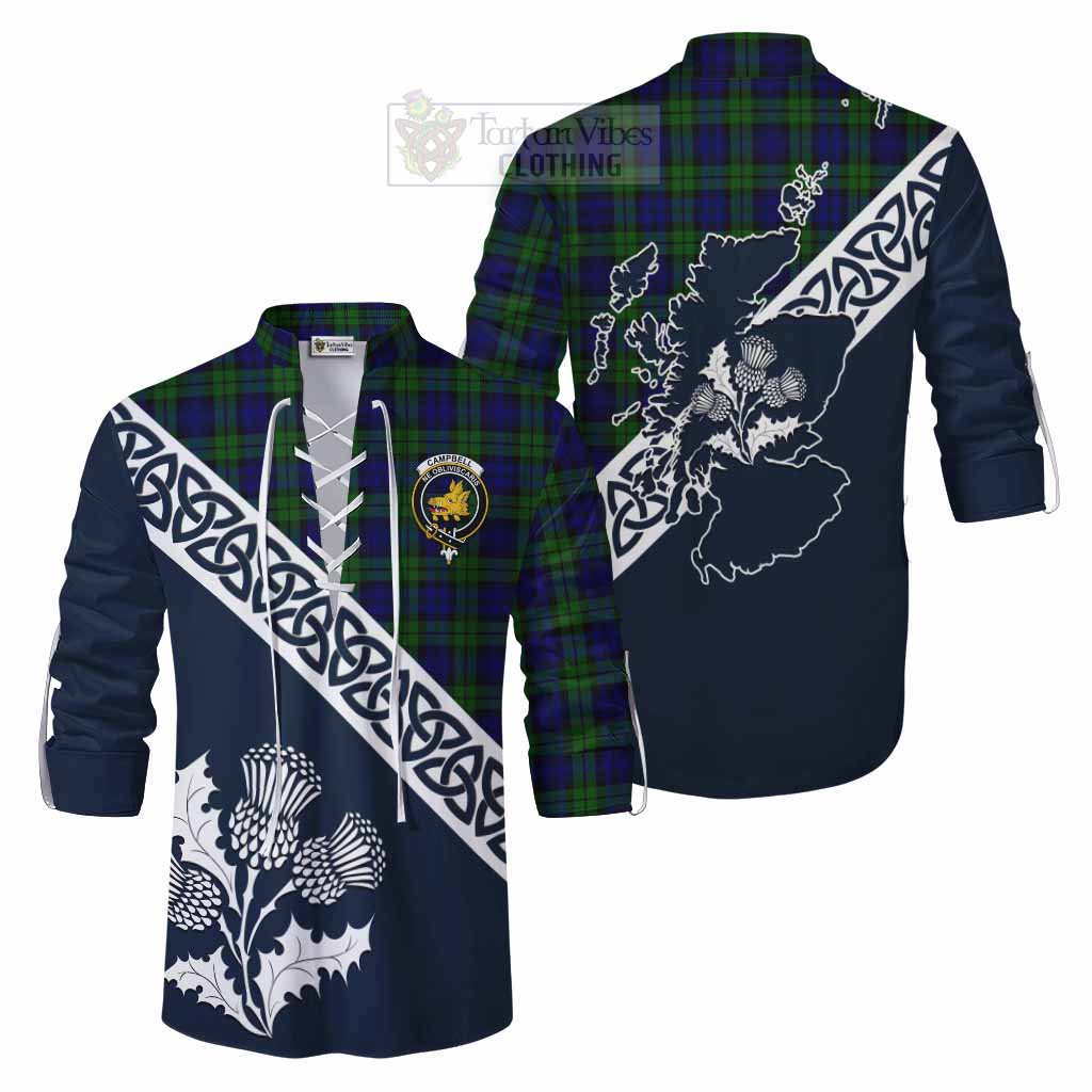 Tartan Vibes Clothing Campbell Tartan Ghillie Kilt Shirt Featuring Thistle and Scotland Map