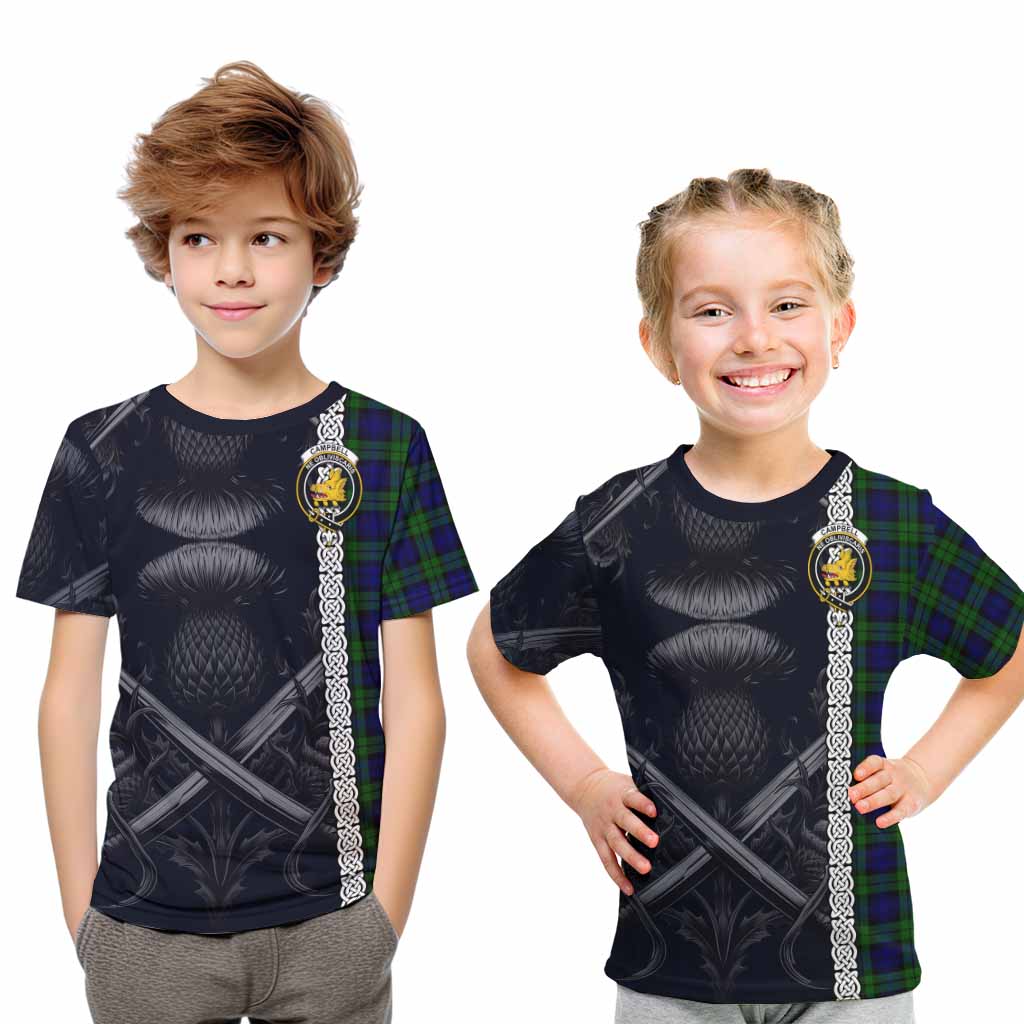 Tartan Vibes Clothing Campbell Tartan Kid T-Shirt with Family Crest Cross Sword Thistle Celtic Vibes