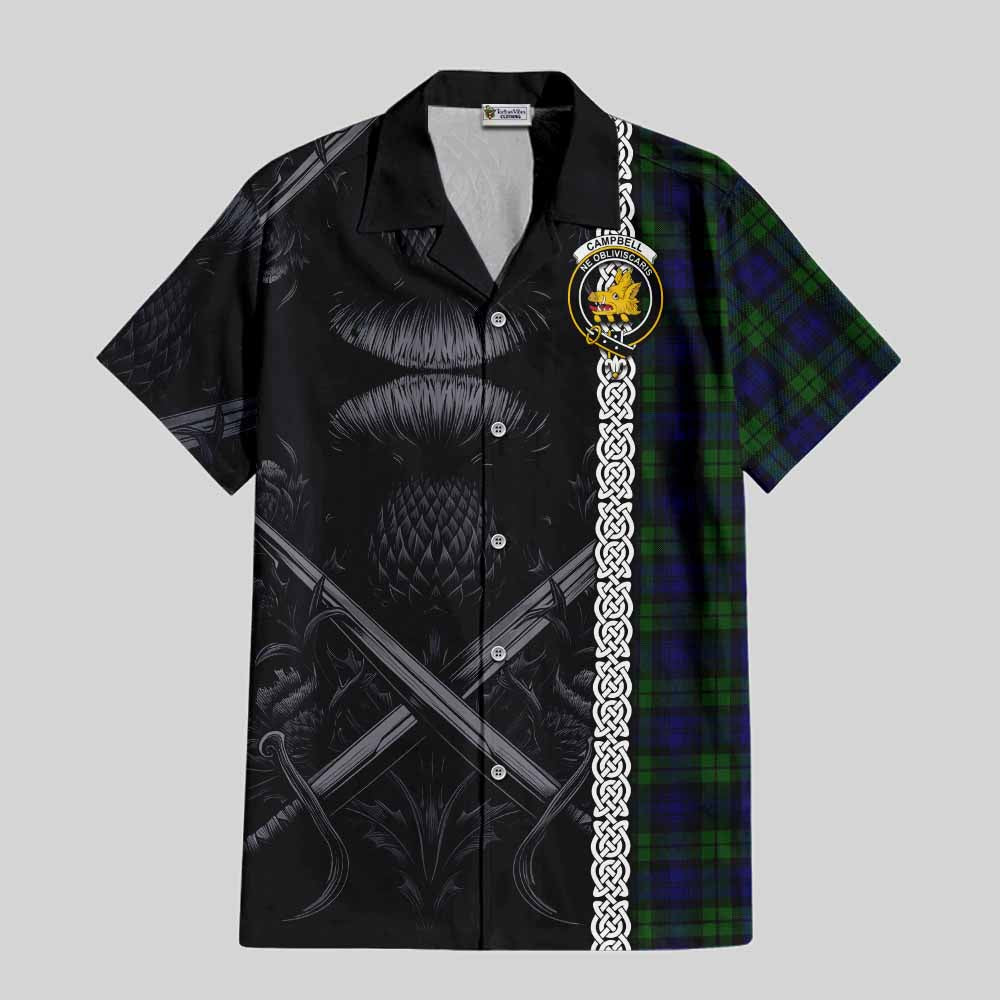 Tartan Vibes Clothing Campbell Tartan Short Sleeve Button Shirt with Family Crest Cross Sword Thistle Celtic Vibes