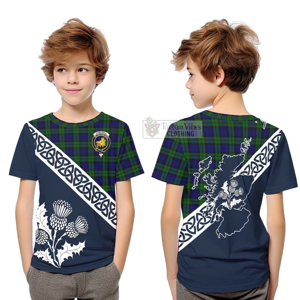 Tartan Vibes Clothing Campbell Tartan Kid T-Shirt Featuring Thistle and Scotland Map