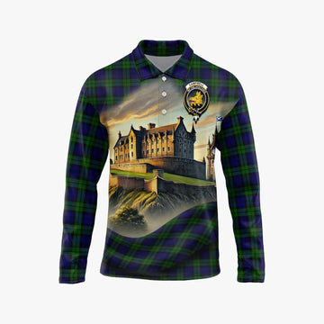 Tartan Vibes Clothing Campbell Tartan Family Crest Long Sleeve Polo Shirt with Scottish Ancient Castle Style