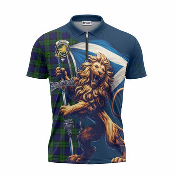 Tartan Vibes Clothing Campbell Tartan Family Crest Zipper Polo Shirt with Scottish Majestic Lion