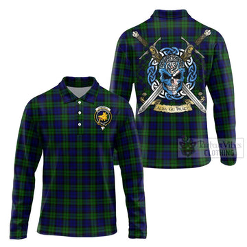 Tartan Vibes Clothing Campbell Tartan Long Sleeve Polo Shirt with Family Crest Celtic Skull Style