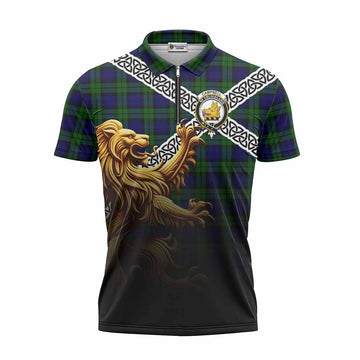 Campbell Crest Tartan Zipper Polo Shirt with Golden Lion Emblem Celtic Style